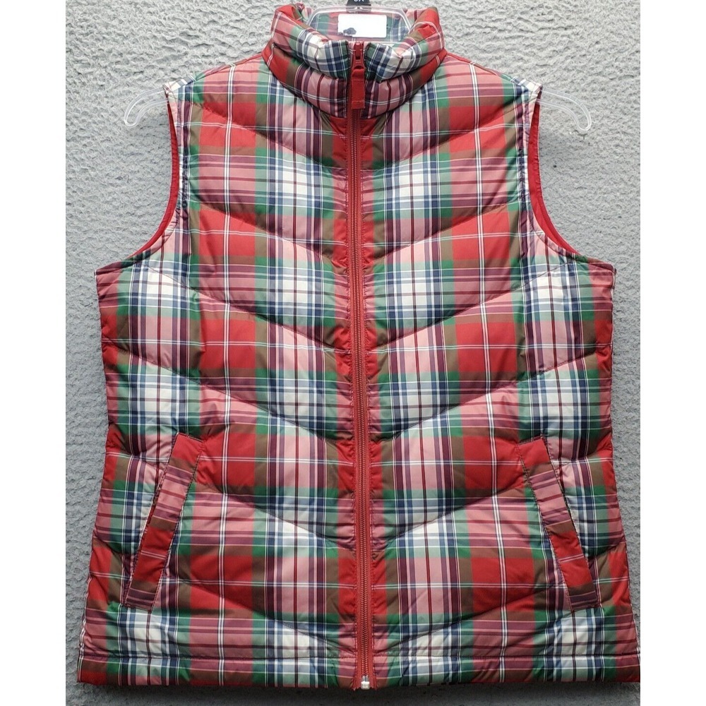 Lands' End Down Puffer Vest Men Small Plaid Sleeveless Mock Neck Full Zipper EUC